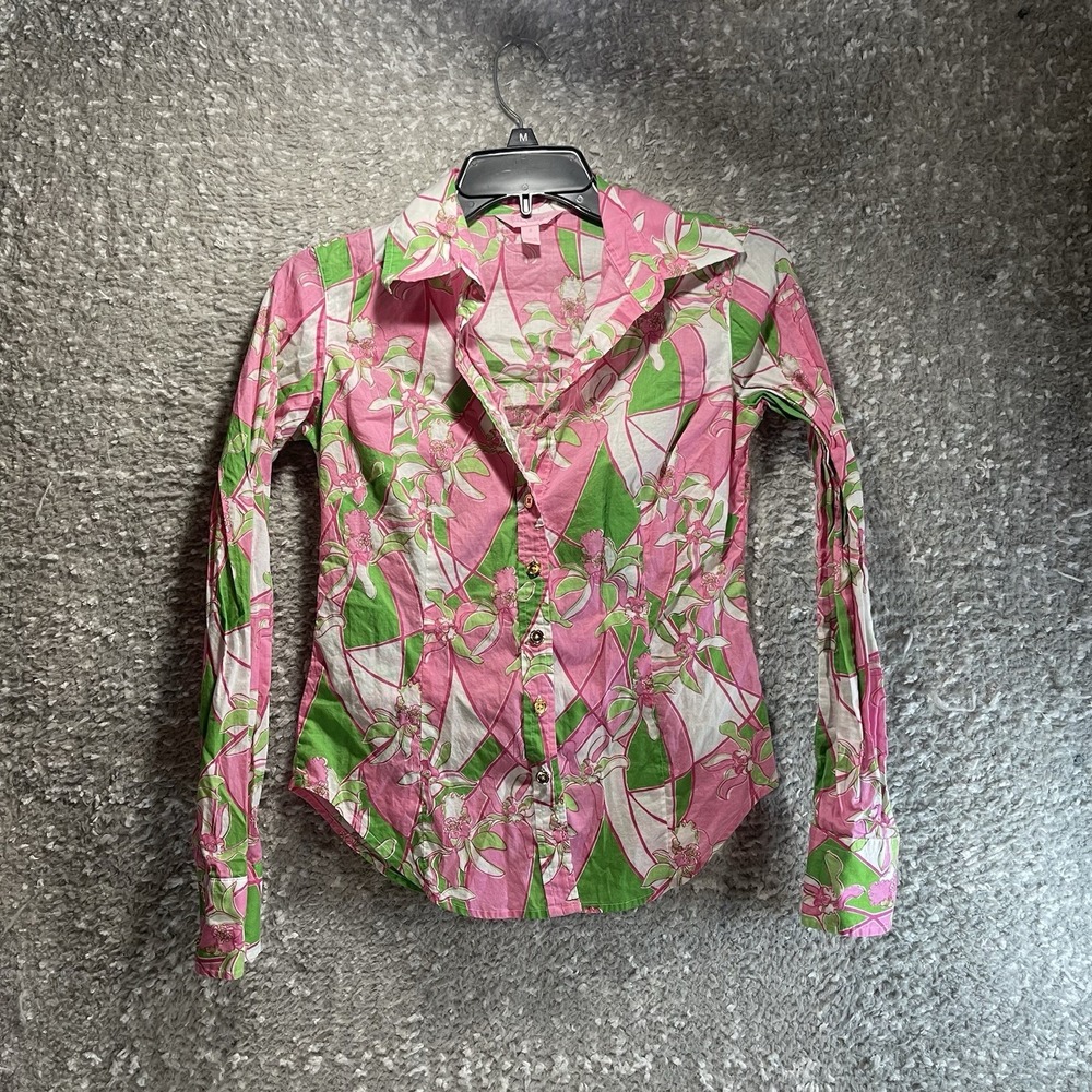LILLY PULITZER Long Sleeve Button Floral Shirt 0 Colorful Resort Beach Preppy